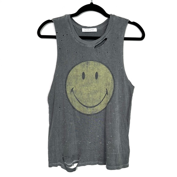 Daydreamer Tops - DAYDREAMER SMILEY Smiley Face Destroyed Distressed Graphic Print Tank size XS